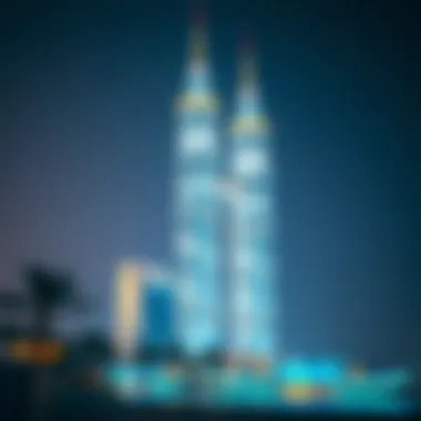 Illuminated Night View of Al Naeem Twin Towers Night view of Al Naeem Twin Towers illuminated, representing their cultural significance in Dubai