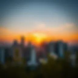 Skyline view of برج دبي بني ياس at sunset