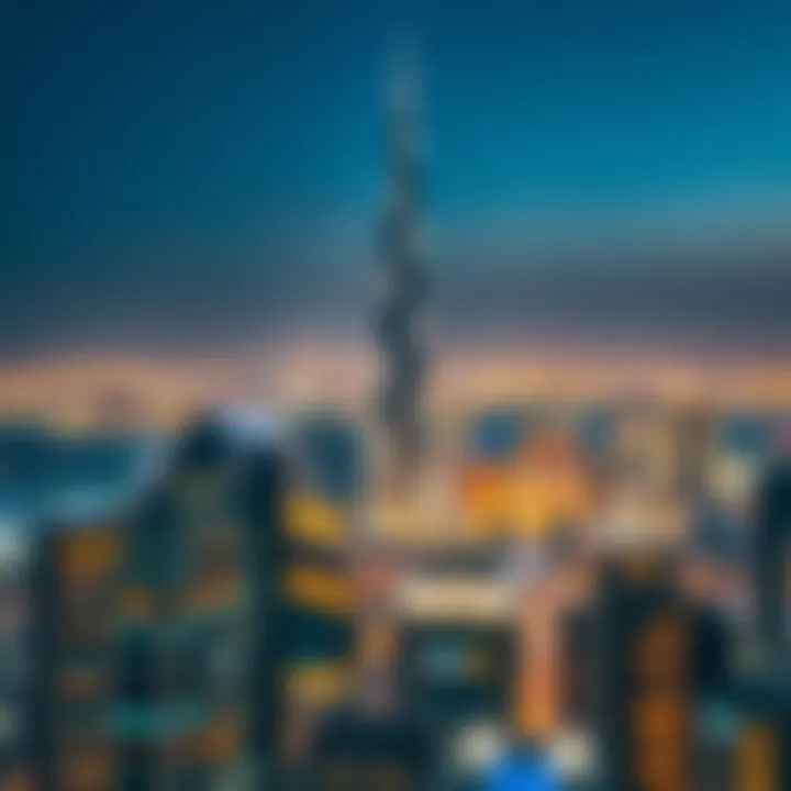 Aerial view of Burj Khalifa illuminating the Dubai skyline