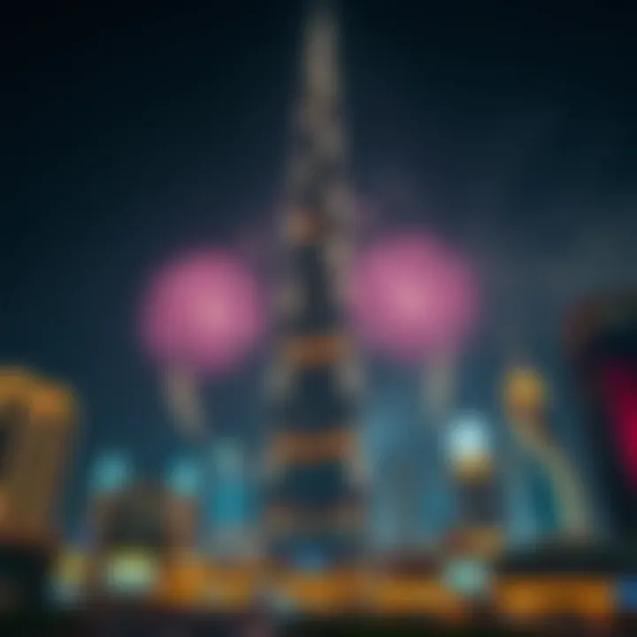 Night view of Burj Khalifa with fireworks lighting the sky