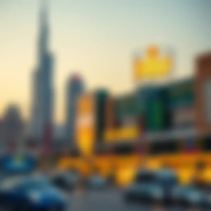 Dubai Gold Market Skyline Dubai skyline with gold market signage prominently featured