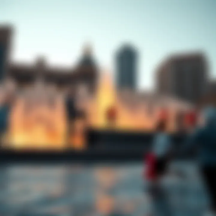 Cultural events taking place at the Dubai Fountain area with a backdrop of architecture