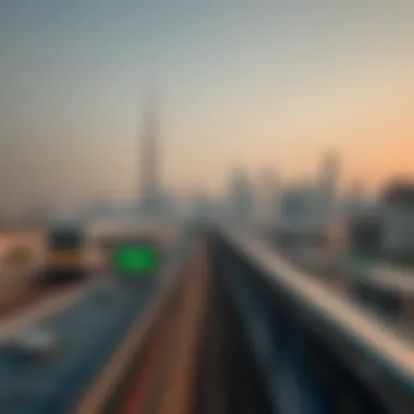 Skyline view of Dubai with metro stations indicating urban development