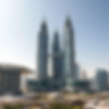 Emirates Towers within Dubai's Urban Fabric Wide-angle view of Emirates Towers integrated into Dubai's urban landscape.