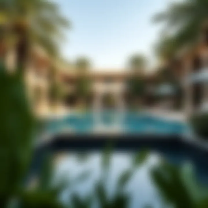 Serene Pool Surrounded by Lush Gardens Serene hotel pool surrounded by lush gardens