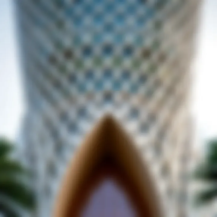 Close-up shot of the intricate facade design of the Dubai Star Building