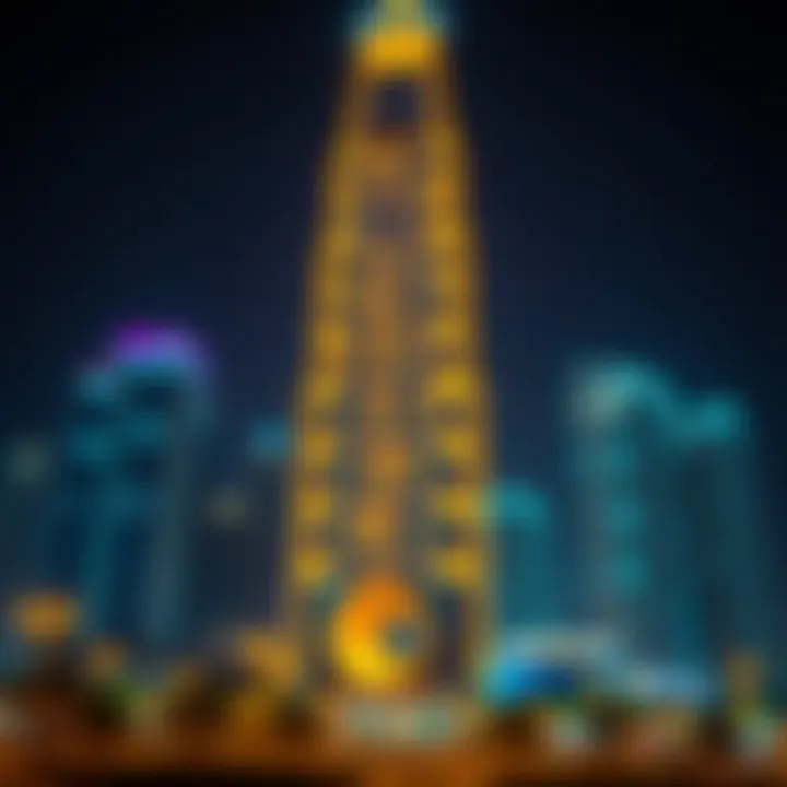 Nighttime illumination of the Dubai Star Building against the Dubai skyline