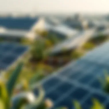 Sustainable urban landscape featuring solar panels and greenery
