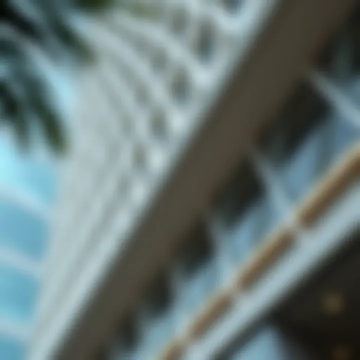 A close-up of Marina Plaza’s intricate facade highlighting its modern design elements