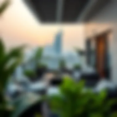 A luxurious balcony with modern furniture and lush greenery