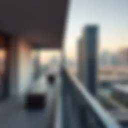 A sleek modern balcony with glass railings overlooking the Dubai skyline