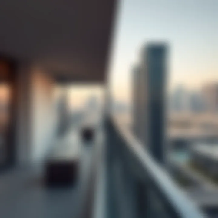 A sleek modern balcony with glass railings overlooking the Dubai skyline