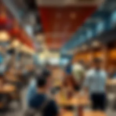 Bustling Cafeteria Atmosphere An overview of a bustling cafeteria with customers enjoying their meals.