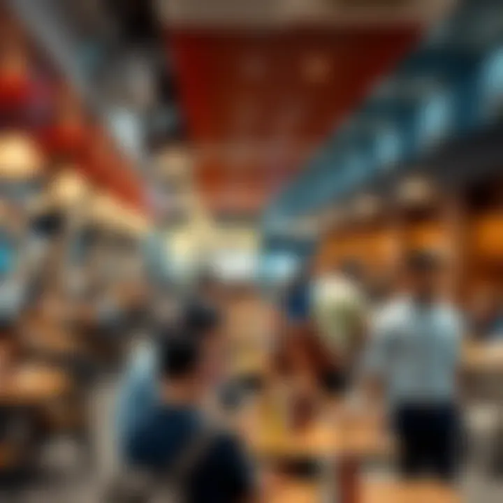 Bustling Cafeteria Atmosphere An overview of a bustling cafeteria with customers enjoying their meals.