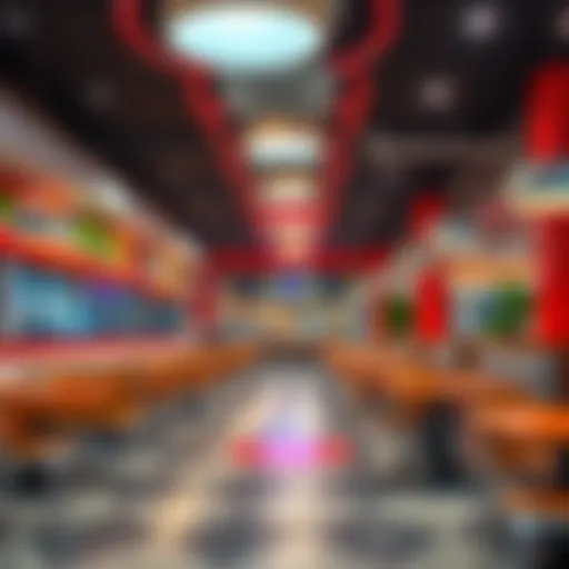 A vibrant cafeteria interior showcasing modern design and seating arrangements.