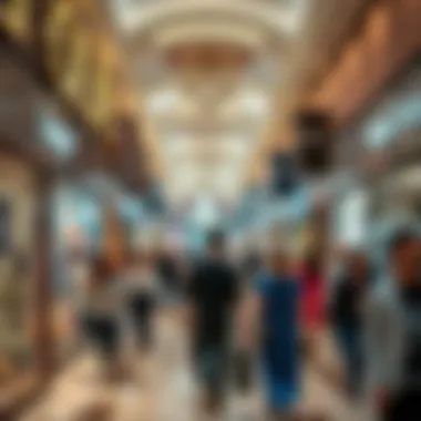 Shoppers enjoying a bustling atmosphere at a popular outlet mall, filled with various luxury brands.