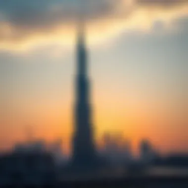Sukoon Tower at Sunset Sukoon Tower at sunset showcasing its silhouette against the Dubai skyline