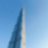 Stunning view of the Burj Khalifa against a clear blue sky showcasing its towering height.